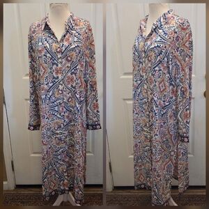 Chicos Long Paisley Button down Dress Geometric Floral Spring Size 3 XL Boho